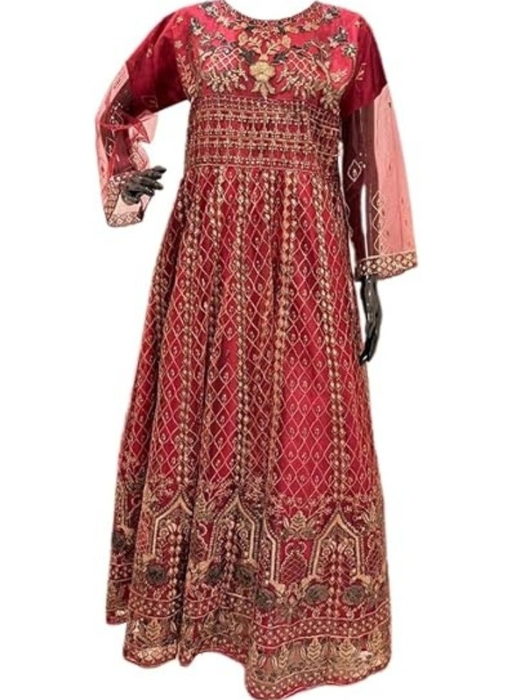 Winchell's Pakistani Traditional Embroidered Maxi Dress – Red & Gold Floral Pattern, Long Sleeves, Floor-Length, Regular Size - Image 1