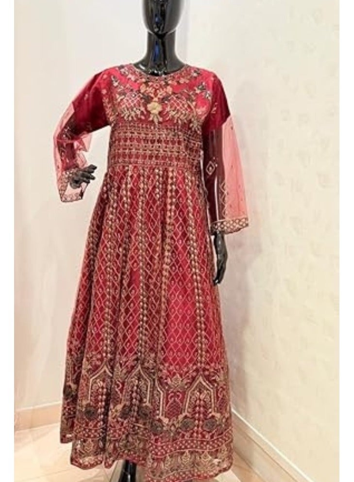 Winchell's Pakistani Traditional Embroidered Maxi Dress – Red & Gold Floral Pattern, Long Sleeves, Floor-Length, Regular Size - Image 2