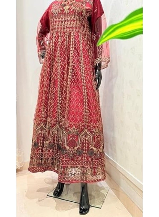 Winchell's Pakistani Traditional Embroidered Maxi Dress – Red & Gold Floral Pattern, Long Sleeves, Floor-Length, Regular Size - Image 3