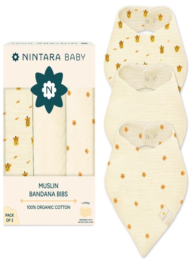 NINTARABABY Bandana Bibs - 100% Organic Muslin Cotton, 7-Layer Absorbent for Drooling, Teething & Feeding, Soft & Hypoallergenic, Adjustable Snap Buttons, Reversible, Baby Gift Ages 0-3, Pack of 3 - Image 1