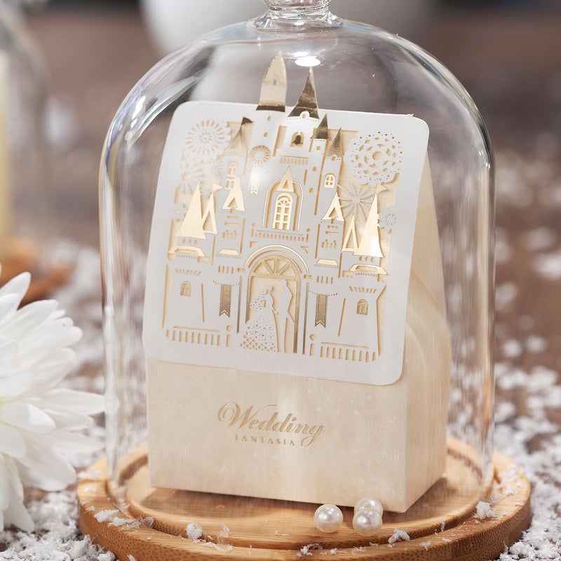 Hosmsua 50pcs Laser Cut Wedding Favor Boxes Candy Box Gift Bag Bride and Groom Paper Bags with Romantic Castle Design Beige CB5093