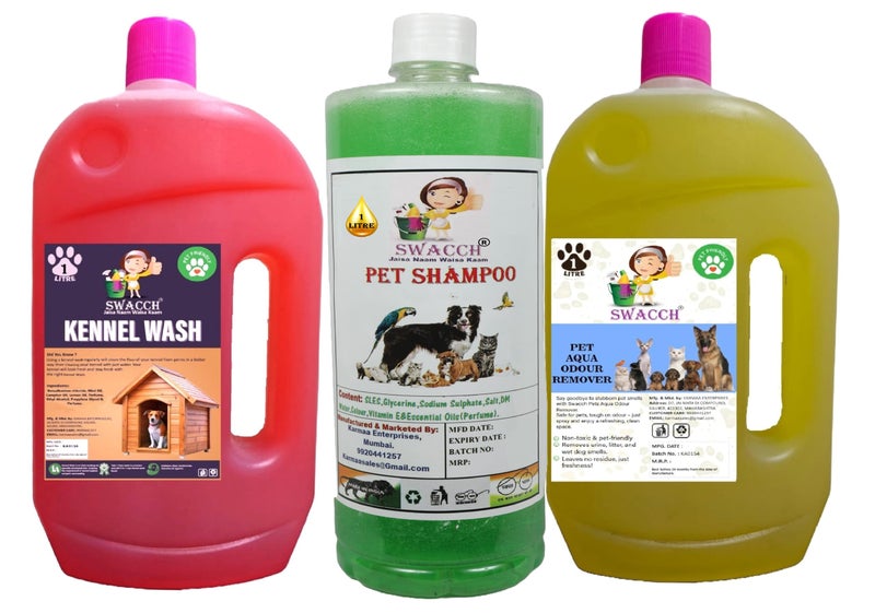 swacch Kennel Wash (Rose) + Pet Shampoo (Neem Alovera) I Pet Aqua Odour Remover (Lemon) 1 Litre Combo Pack of 3 Economical Pack I Dog and Cat Friendly - Image 1