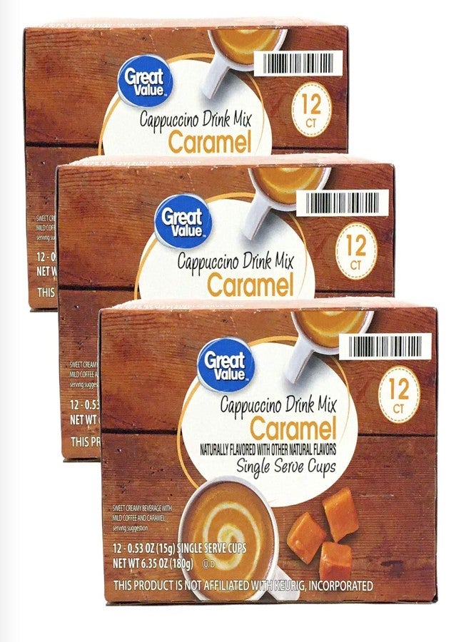 Great Value Cappuccino Coffee and Hot Drink Single Serve Pods, 12 Count (Caramel Cappuccino, Pack of 3) - Image 1