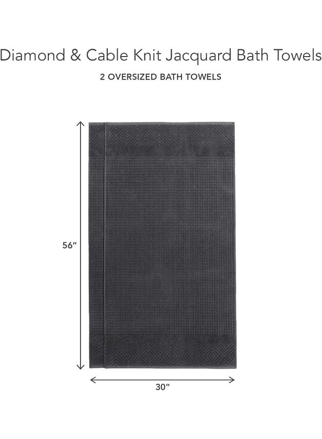TexereSilk Texere 100 Organic Cotton Diamond Jacquard 700 GSM Luxury Bath Towel Sets  Ultra Soft and Absorbent Hotel and Spa Quality Diamond Black 2 Bath Towels - Image 2