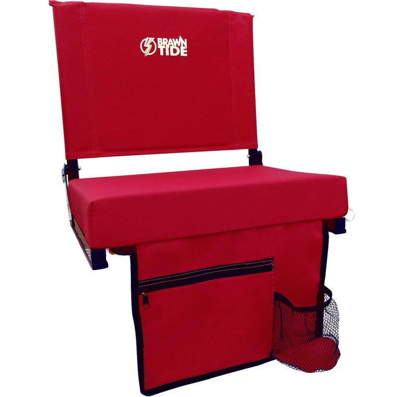 BRAWNTIDE Wide Stadium Seat Chair - Extra Thick Cushion, Portable, Light, Ideal for Back Support, Sporting Events, Includes Bleacher Hooks, Shoulder Strap, 3 Storage Pockets (Red, 1 Pack)