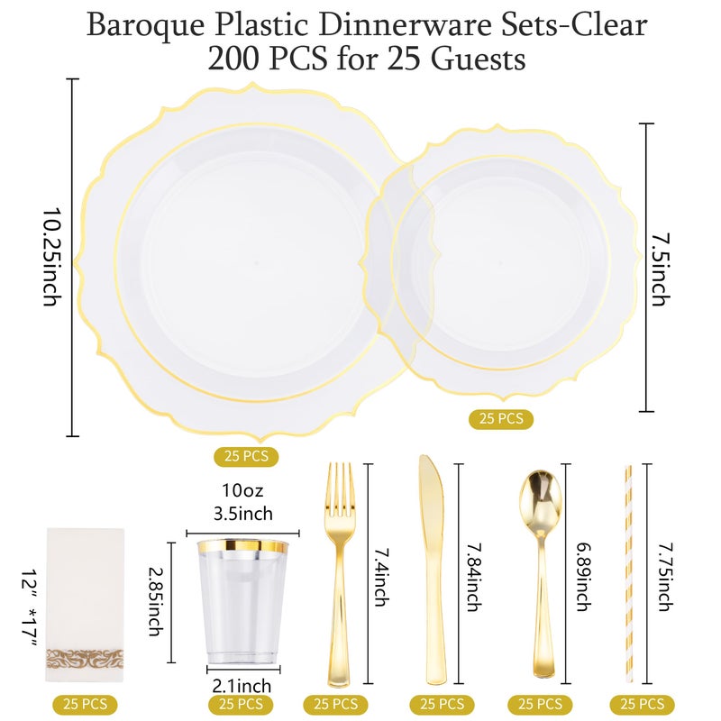 ISFANGCO 200 PCS Baroque Clear Gold Dinnerware Set for 25 Guests Gold Rimmed Heavy Duty Plastic Disposable Plates for Party Wedding with Napkins 25Dinner Plates Dessert Plates Spoons Forks Knives Cups - Image 2