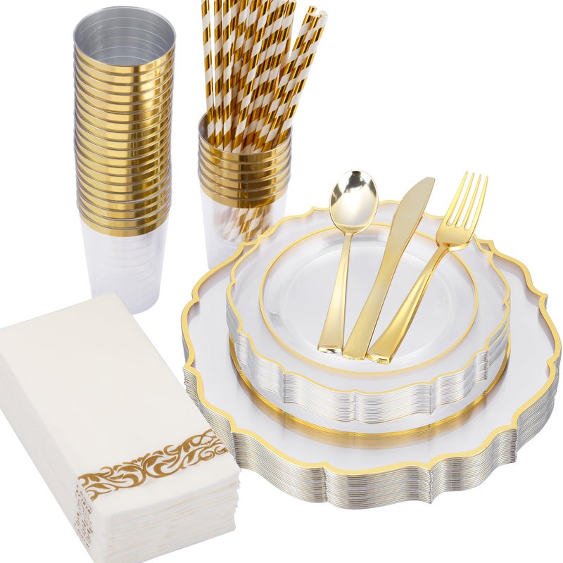 ISFANGCO 200 PCS Baroque Clear Gold Dinnerware Set for 25 Guests Gold Rimmed Heavy Duty Plastic Disposable Plates for Party Wedding with Napkins 25Dinner Plates Dessert Plates Spoons Forks Knives Cups - Image 1