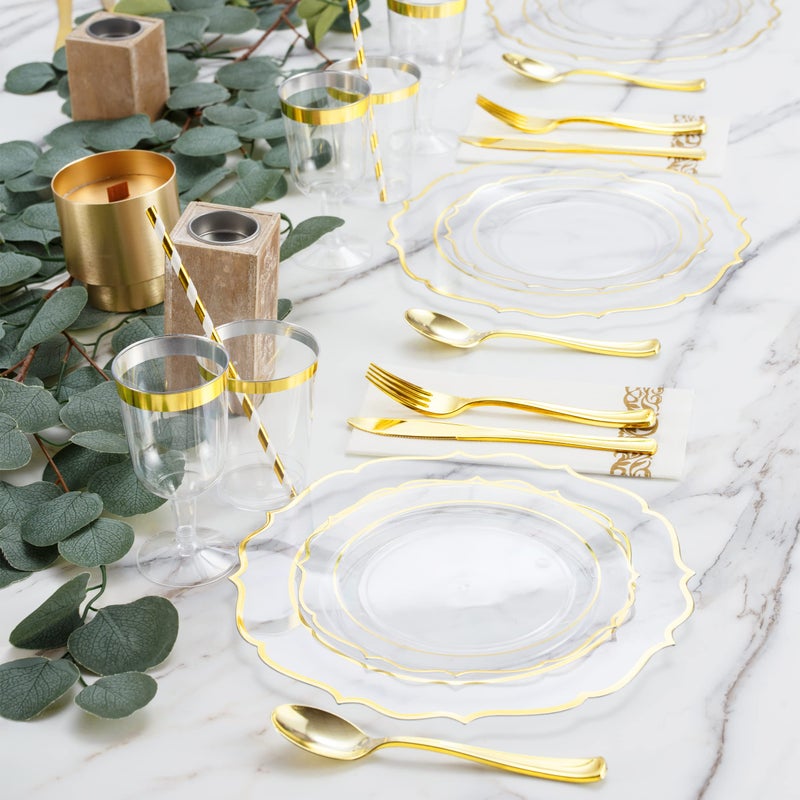 ISFANGCO 200 PCS Baroque Clear Gold Dinnerware Set for 25 Guests Gold Rimmed Heavy Duty Plastic Disposable Plates for Party Wedding with Napkins 25Dinner Plates Dessert Plates Spoons Forks Knives Cups - Image 5