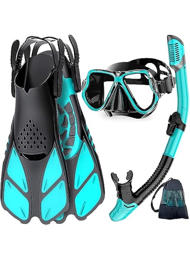 Arabest Mask Fins Snorkel Set, Snorkeling Gear for Adults, Panoramic View Snorkel Mask Anti-Fog, Adjustable Dive Flippers, Dry Top Snorkel and Travel Bag, Scuba Gear for Swimming Snorkeling Diving - Image 1