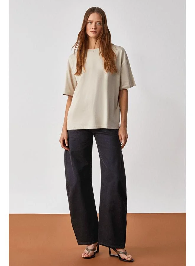 Grimelange Jemmy Women's 100% Organic Cotton Relaxed Fit Slit Round Collar Stone Color T-Shirt.