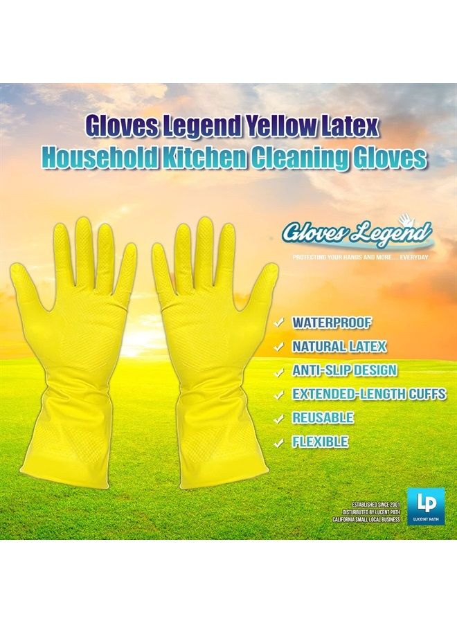 Gloves Legend Size Large - 12" Yellow Latex Household Kitchen Cleaning Dishwashing Reuseable Gloves - 18 mil - 3 Pairs (6 Gloves) 