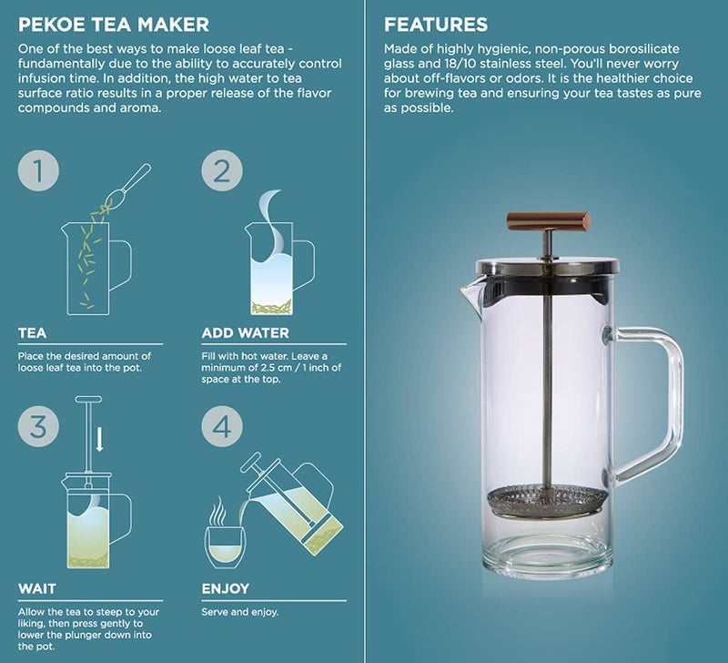 Teabloom Tea Press with Copper Pull Handle and Stainless Steel Filter â€“ Tea Connoisseur's Choice â€“ Pekoe Tea Maker, 20-Ounce - Image 3