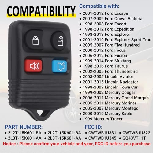 Vurkcy Keyless Entry Remote Key Fob Compatible with Ford Escape Explorer Expedition Focus Fusion Mustang Taurus, Lincoln, Mercury, Mazda, Replacement for CWTWB1U345, 4 Button (Pack of 2) - Image 2