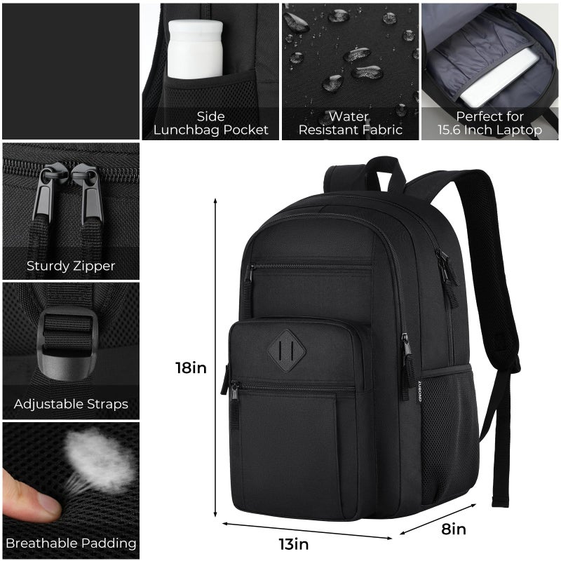 ZUBOND Unisex Black Backpack for School, Lightweight Boys Girls Backpack Fits 15.6 Inch Notebook, Water Bottle Pocket - Ideal for Teens, College Students, Adults - Image 2