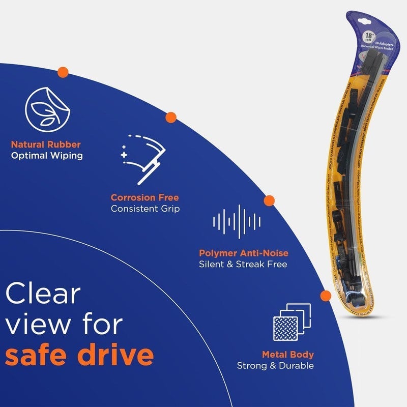 18" All-Weather Universal Flat Wiper Blade  with 10 Adapters – Frameless Windshield Wiper with Natural Rubber Edge, Streak-Free Silent Wiping, Corrosion-Resistant Metal Frame, Durable Automotive Wiper Blade for Cars, SUVs and Vans – 1 Piece - Image 2