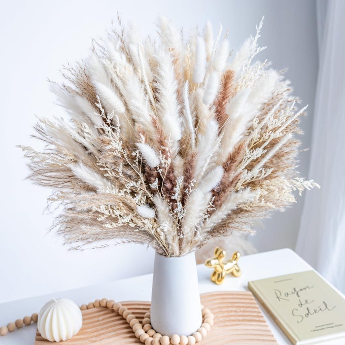 96PCS NATURAL DRIED PAMPAS GRASS BOHO HOME DECOR BOUQUET PHRAGMITES DRIED FLOWERS BOUQUET FOR WEDDING FLORAL ARRANGEMENTS HOME DECORATIONS 96PCS