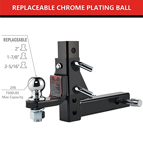TYT Adjustable Trailer Hitch Ball Mount, 2" Towing Ball 7500 LBS, 9-1/2" Drop and 8-1/4" Rise, Fits 2-in Receiver with 2 Pin&Clips and 5/8" Premium Pin Lock for Heavy Duty Truck - Image 2