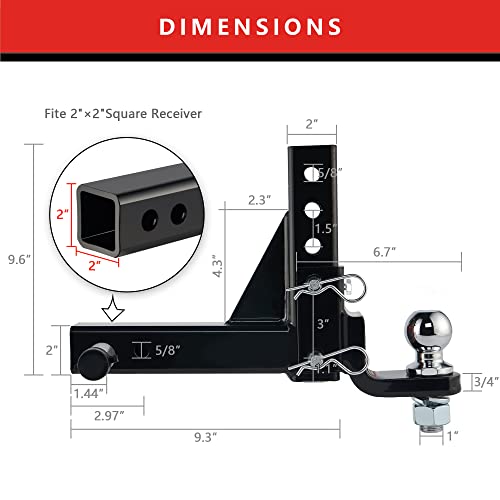 TYT Adjustable Trailer Hitch Ball Mount, 2" Towing Ball 7500 LBS, 9-1/2" Drop and 8-1/4" Rise, Fits 2-in Receiver with 2 Pin&Clips and 5/8" Premium Pin Lock for Heavy Duty Truck - Image 5