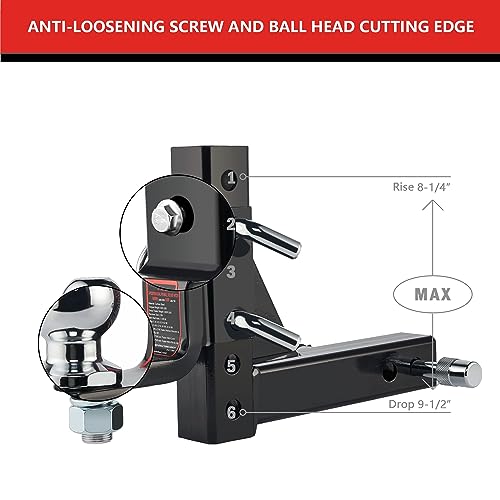 TYT Adjustable Trailer Hitch Ball Mount, 2" Towing Ball 7500 LBS, 9-1/2" Drop and 8-1/4" Rise, Fits 2-in Receiver with 2 Pin&Clips and 5/8" Premium Pin Lock for Heavy Duty Truck - Image 3