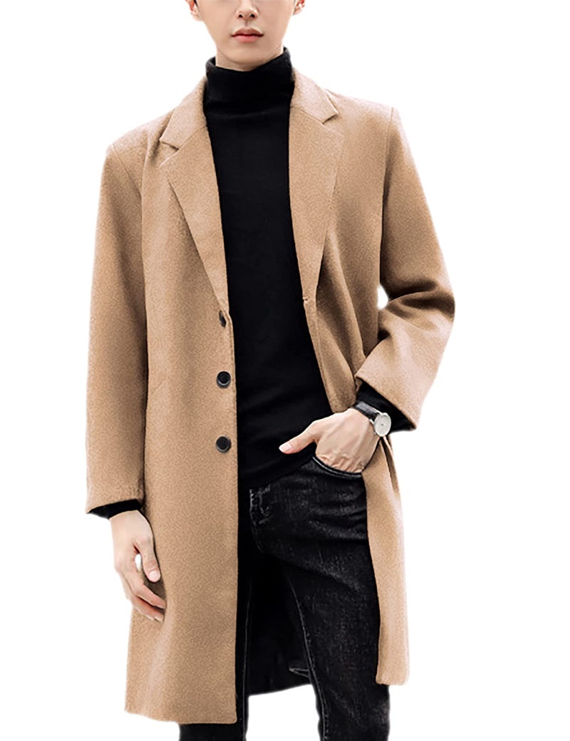 UANEO Mens Wool Blend Trench Coat Notch Lapel Camel Pea Coats Winter Overcoat (Khaki-XL) - Image 1
