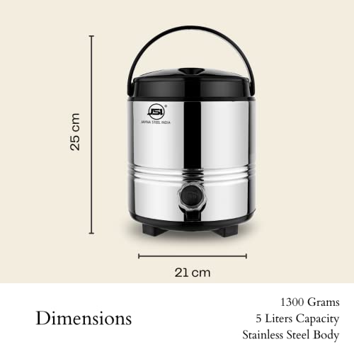 JSI® Stainless Steel Travel Water Jug, Insulated Thermosteel 5 liters, Silver Black Hot and Cold Water for 4-5 Hours I Water Dispenser for Kitchen Home Office I Easy to Carry Handle - Image 2