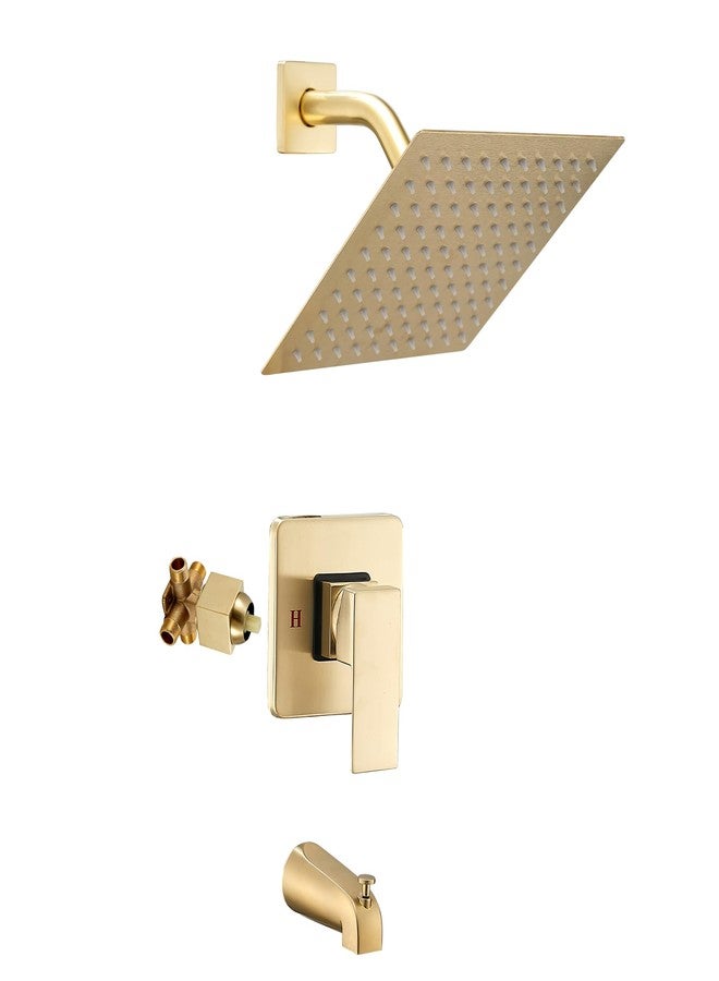 GGStudy Shower Faucet Set, Brushed Gold Tub Shower Faucet with 8 Inch Square Rainfall Shower Head and Tub Spout Shower Tub Faucet Set Complete Included Shower ValveTub Shower Trim Kit - Image 1