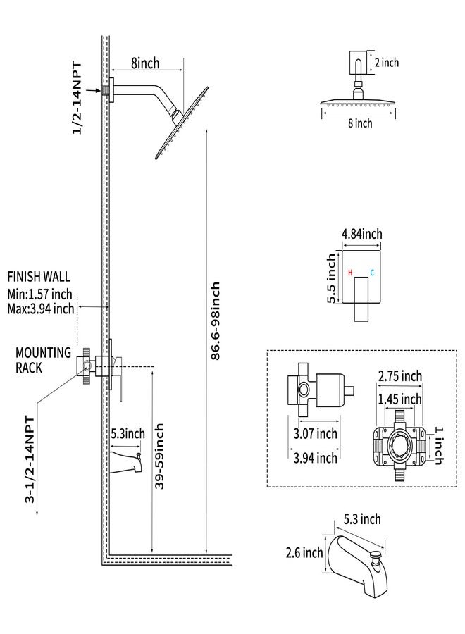 GGStudy Shower Faucet Set, Brushed Gold Tub Shower Faucet with 8 Inch Square Rainfall Shower Head and Tub Spout Shower Tub Faucet Set Complete Included Shower ValveTub Shower Trim Kit - Image 2