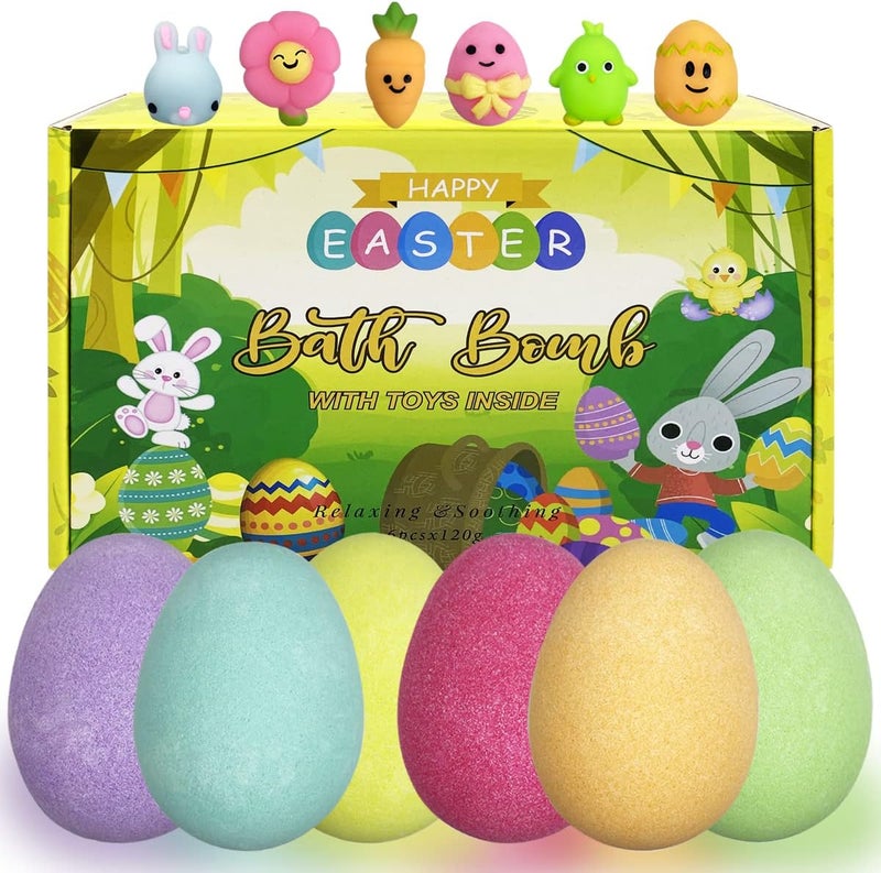 QINGQIU 6 Pack Easter Bubble Bath Bombs with Easter Squishy Toys Inside for Kids Girls Boys Easter Basket Stuffers Gifts 