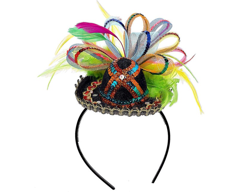 Amscan Cinco De Mayo Fiesta Party Sequins Sombrero Headband with Feather (1 Piece), Multi Color, 2.5 x 5.5