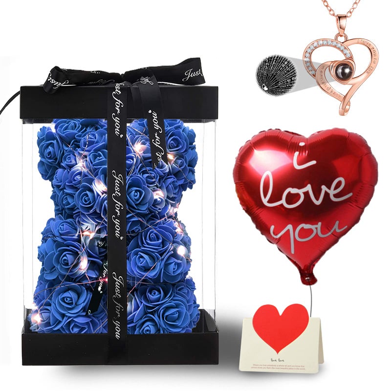 U UQUI U UQUI Blue Rose Bear Anniversary Flowers Gift for Her Anniversary Rose Gifts for Wife Flower Bear Rose Teddy Bear with Box Lights Necklace Balloon Card Cute Romantic Love Gifts  Decorations 