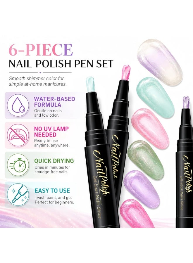 6 Colors Water-Based Nail Polish Pen Set, Pearlescent Shimmer Quick Air Dry Peelable Nail Pens, No UV Lamp Required Metallic Glitter Nail Colors for Beginner DIY Manicure - Image 3
