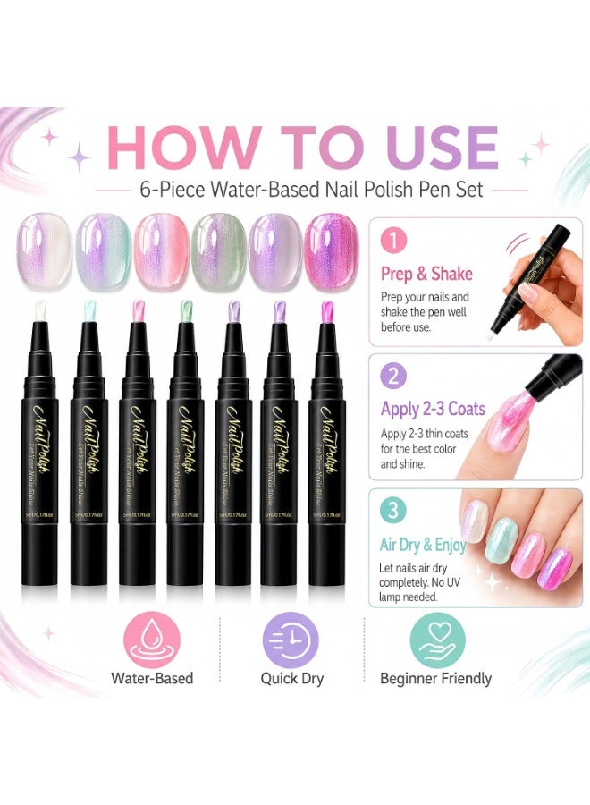 6 Colors Water-Based Nail Polish Pen Set, Pearlescent Shimmer Quick Air Dry Peelable Nail Pens, No UV Lamp Required Metallic Glitter Nail Colors for Beginner DIY Manicure - Image 5