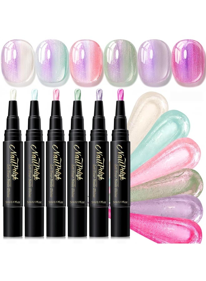 6 Colors Water-Based Nail Polish Pen Set, Pearlescent Shimmer Quick Air Dry Peelable Nail Pens, No UV Lamp Required Metallic Glitter Nail Colors for Beginner DIY Manicure - Image 1