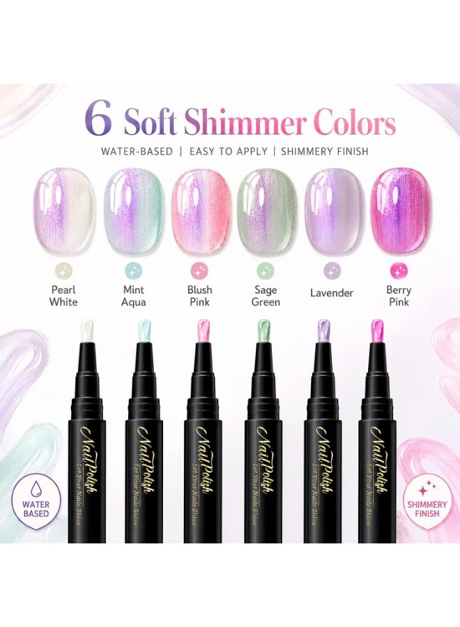 6 Colors Water-Based Nail Polish Pen Set, Pearlescent Shimmer Quick Air Dry Peelable Nail Pens, No UV Lamp Required Metallic Glitter Nail Colors for Beginner DIY Manicure - Image 4