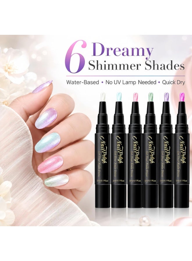 6 Colors Water-Based Nail Polish Pen Set, Pearlescent Shimmer Quick Air Dry Peelable Nail Pens, No UV Lamp Required Metallic Glitter Nail Colors for Beginner DIY Manicure - Image 2