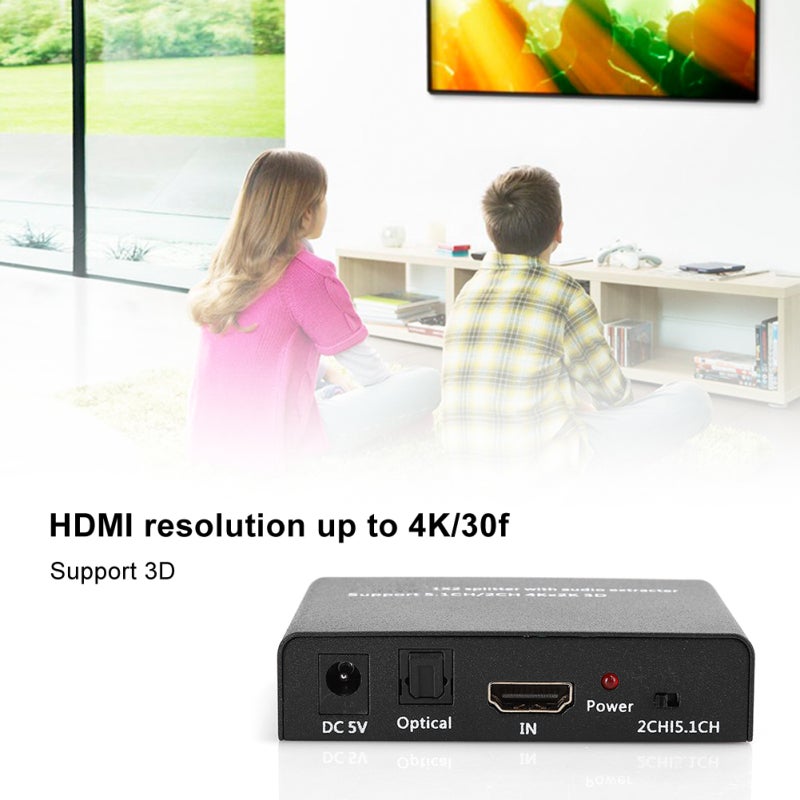 مستخرج صوت HDMI 1 مدخل 2 مخرج مع مبدل مضخم - دعم 4K ثلاثي الأبعاد مخرج بصري SPDIF وستيريو L/R صوت 5.1 قناة للمسرح المنزلي أسود - Image 2