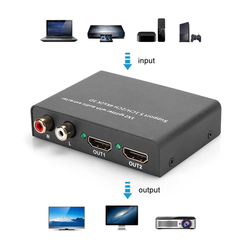 مستخرج صوت HDMI 1 مدخل 2 مخرج مع مبدل مضخم - دعم 4K ثلاثي الأبعاد مخرج بصري SPDIF وستيريو L/R صوت 5.1 قناة للمسرح المنزلي أسود - Image 4