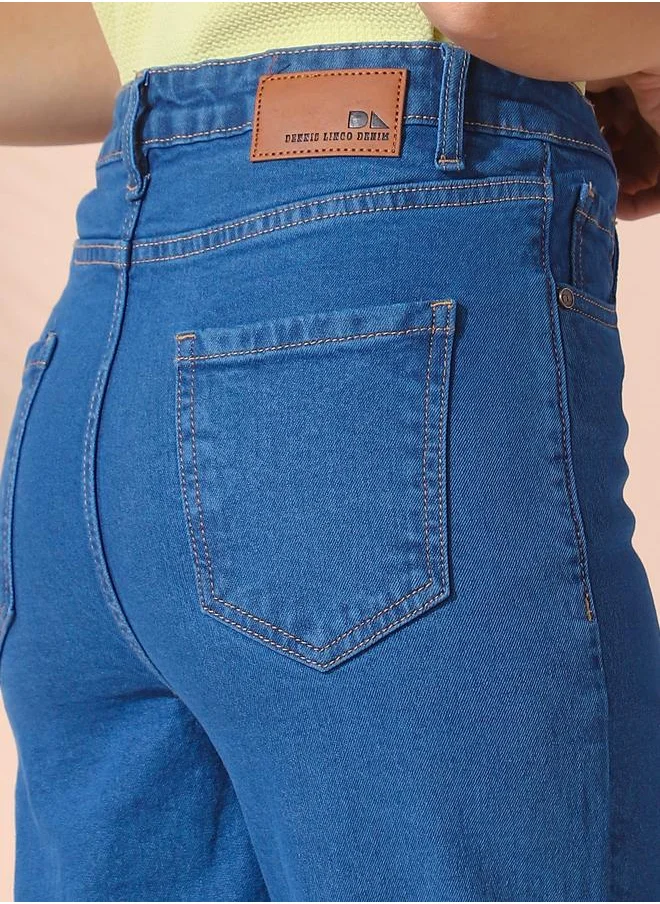 Dennis Lingo Women indigo straight fit solid 98% cotton 2% spandex jeans with button & zip closure- where comfort meets classic charm.