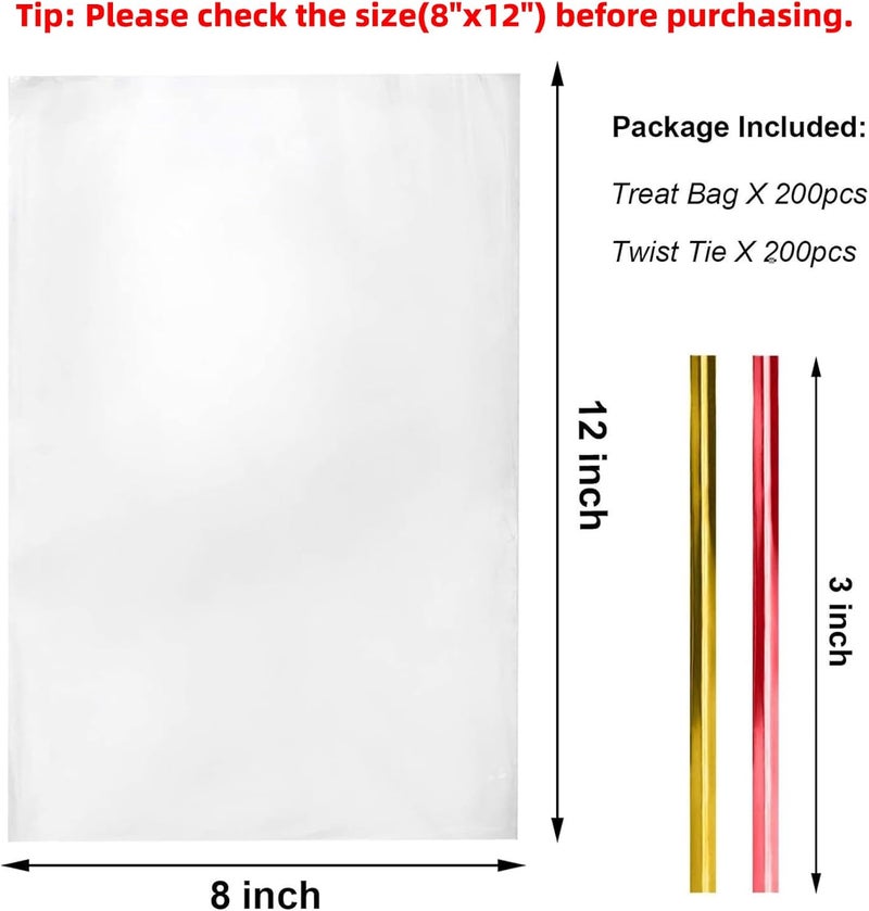 Morepack Cellophane Treat Bags, 200 PCS Clear Cellophane Gift Bags with Twist Ties (8"x12") - Image 2