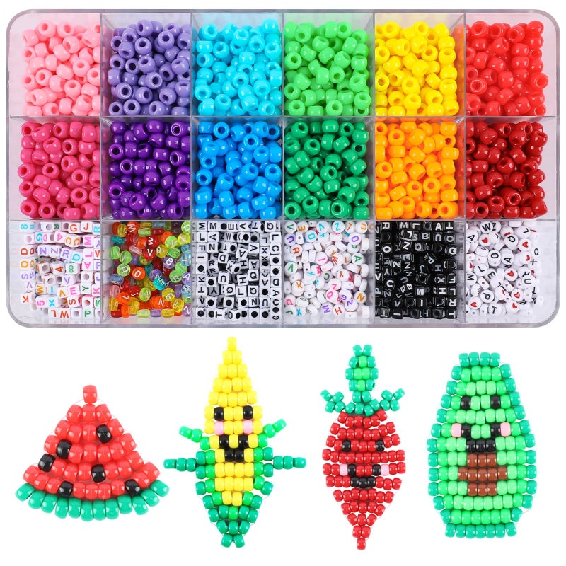MAKERSLAND 1720pcs Pony Beads Kit 1830pcs 6 Style Letter Alphabet Beads Rainbow Plastic Pony Bead Bulk Multicolor Kandi Bead Elastic String DIY Crafts Jewelry Making Kit for Bracelets Necklaces