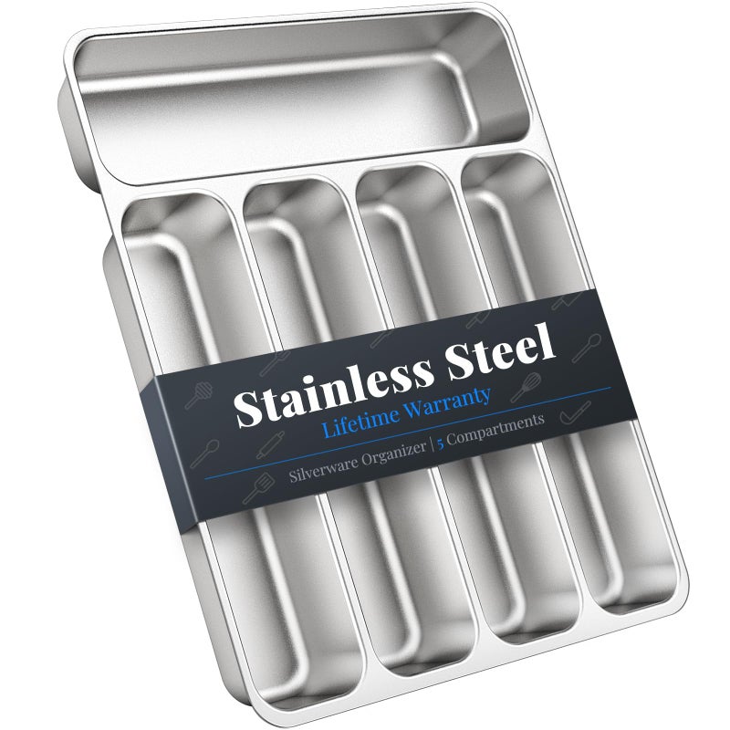 IKOCO Silverware Organizer Stainless Steel Utensil Drawer Organizer with 5 Compartments for Kitchen Dishwasher Safe Holds Spoons Forks Knives 138 x 114 x 16 Silver - Image 2