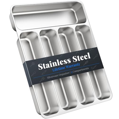 IKOCO Silverware Organizer Stainless Steel Utensil Drawer Organizer with 5 Compartments for Kitchen Dishwasher Safe Holds Spoons Forks Knives 138 x 114 x 16 Silver - Image 1