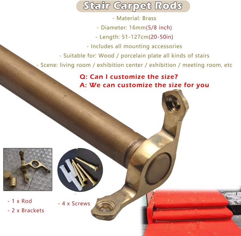 Carpet Runner Stair Rod Attachment Brackets, Brass Gallery Rails for Shelves, 40'' 33 25 35 28 48 30 Inch Stair Carpet Runner Holder Clips Solid Cast Brass, Custom Size (13pcs 66cm(26in)) - Image 3