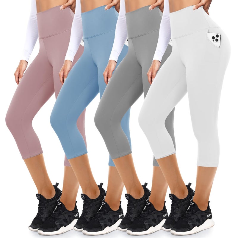 FULLSOFT 4 Pack Capri Leggings with Pockets for Women,Soft High Waisted Tummy Control Workout Yoga Pants(4 Pack Capri Rosy+Blue+Light Grey+White,Large-X-Large) - Image 1
