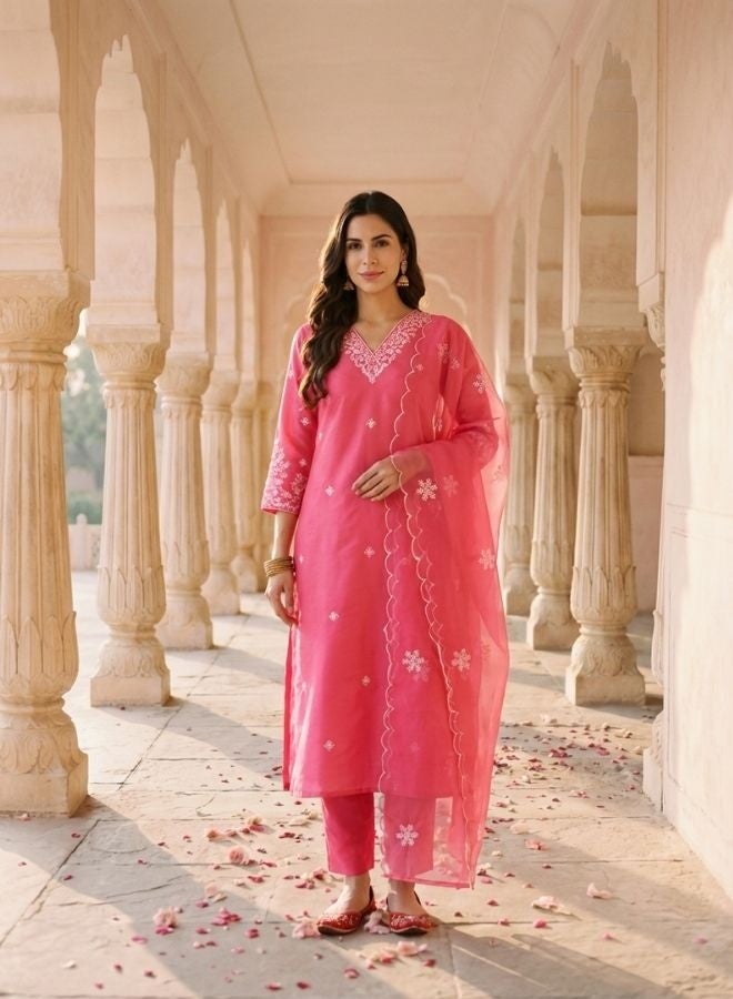 Yuris Pink Embroidered, Three Quarter Sleeve, Round Embroidered Neck, Straight Kurta Set, Side Slit with Embroidered Dupatta - Image 1