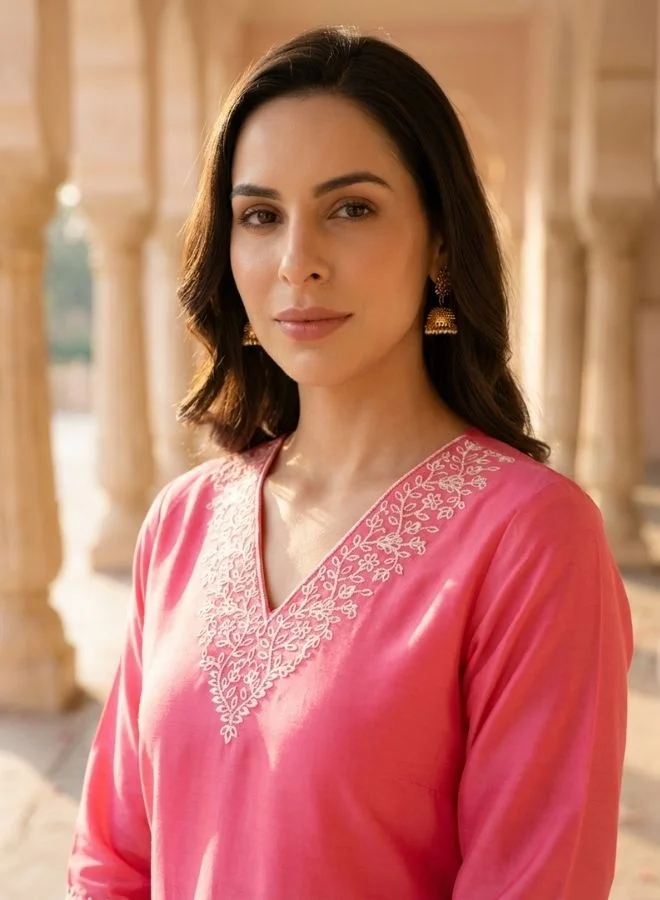 Yuris Pink Embroidered, Three Quarter Sleeve, Round Embroidered Neck, Straight Kurta Set, Side Slit with Embroidered Dupatta