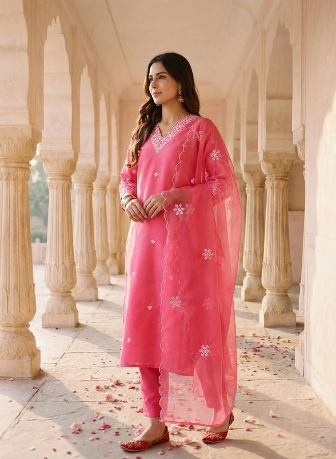 Yuris Pink Embroidered, Three Quarter Sleeve, Round Embroidered Neck, Straight Kurta Set, Side Slit with Embroidered Dupatta - Image 3