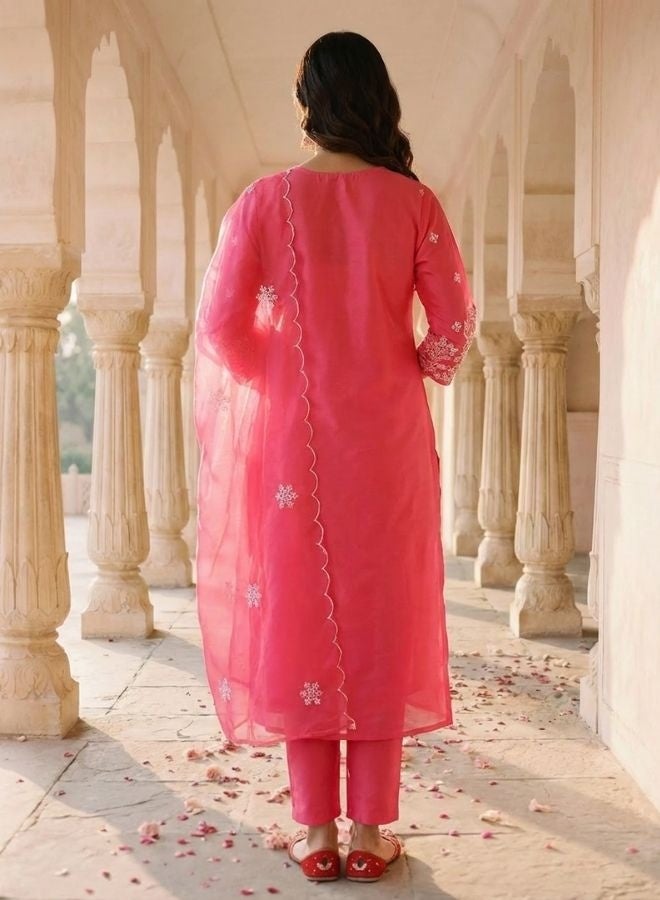 Yuris Pink Embroidered, Three Quarter Sleeve, Round Embroidered Neck, Straight Kurta Set, Side Slit with Embroidered Dupatta - Image 5