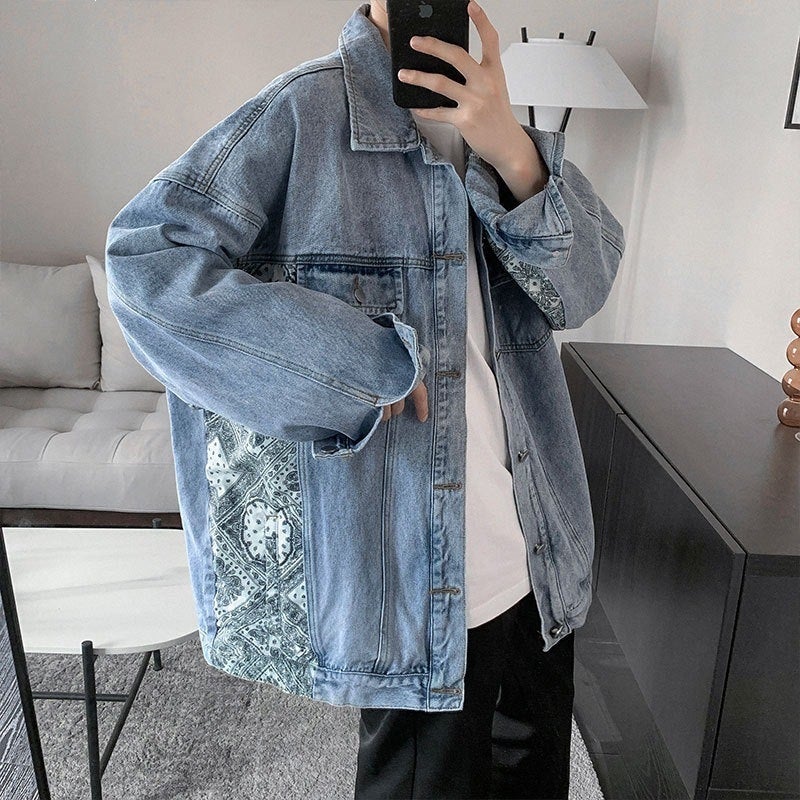 Men's Paisley Denim Jacket Loose Fit Casual Workwear Outerwear Spring Autumn Streetwear Hip Hop Jacket - Image 4