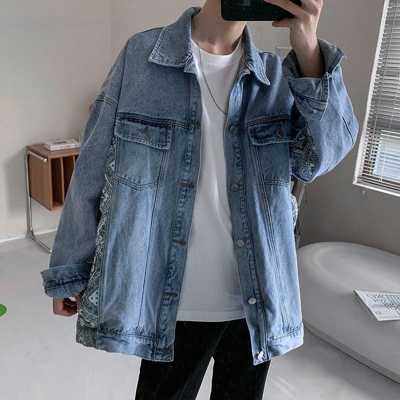 Men's Paisley Denim Jacket Loose Fit Casual Workwear Outerwear Spring Autumn Streetwear Hip Hop Jacket - Image 3